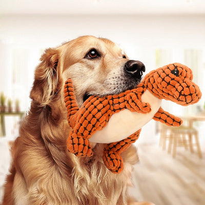 Brown textured corn velvet dinosaur plush toy with beige belly and black eyes, designed for dogs. - Image 21