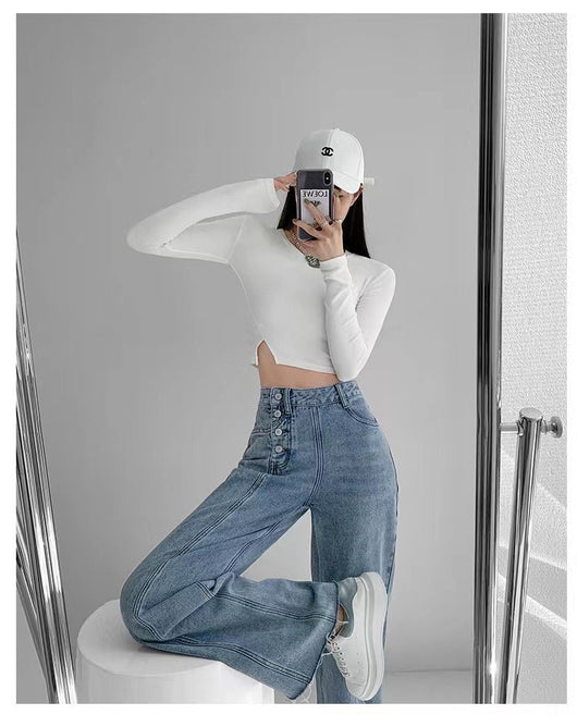 Pantalones Vaqueros de Cintura Alta con Diseño Irregular para Mujer - Image 9