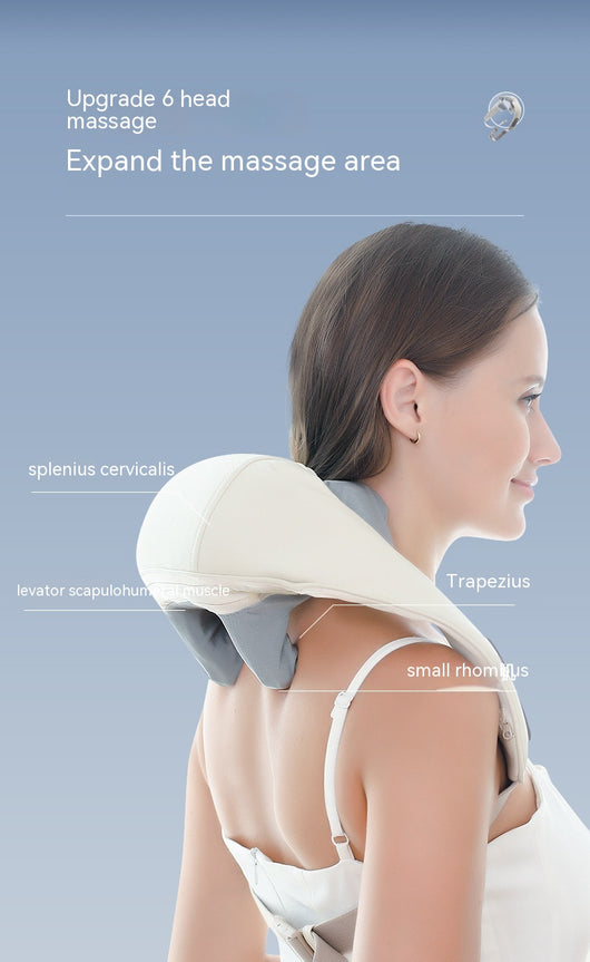 Light gray shoulder and neck massager with blue trim, featuring control buttons and adjustable straps. - Image 37