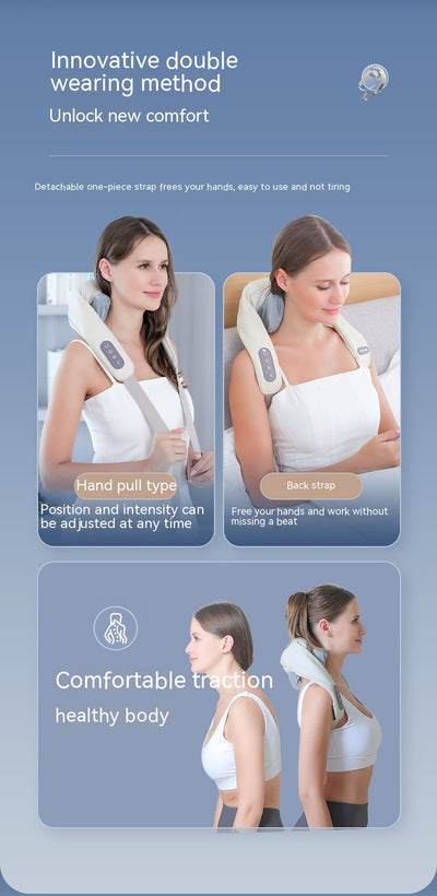 Light gray shoulder and neck massager with blue trim, featuring control buttons and adjustable straps. - Image 39