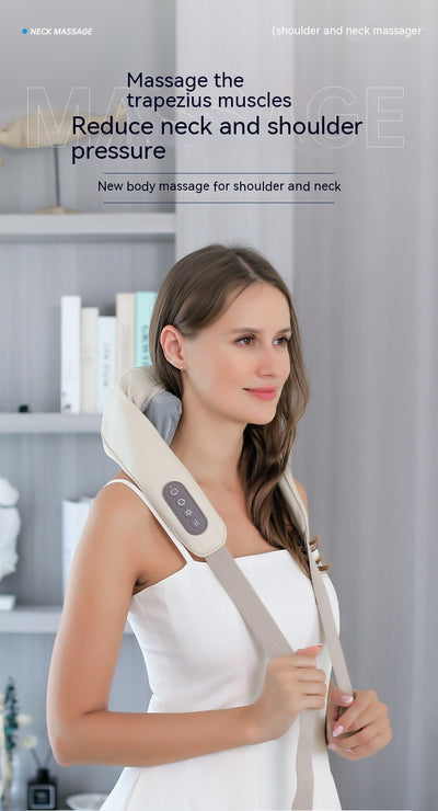 Light gray shoulder and neck massager with blue trim, featuring control buttons and adjustable straps. - Image 44