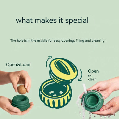 Green silicone dog treat dispensing toy ball next to a yellow silicone mold with three filled compartments. - Image 17