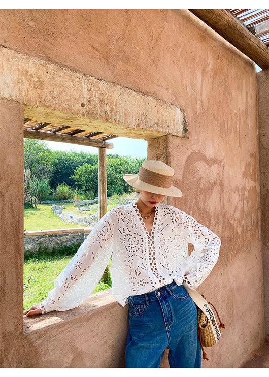 Blusa Blanca de Algodón con Bordado Diseño Elegante Manga Larga para Mujer - Image 14