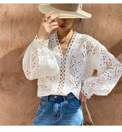 Blusa Blanca de Algodón con Bordado Diseño Elegante Manga Larga para Mujer - Image 17
