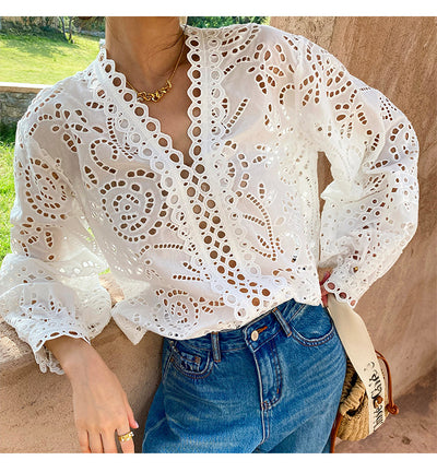 Blusa Blanca de Algodón con Bordado Diseño Elegante Manga Larga para Mujer - Image 19