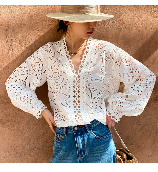 Blusa Blanca de Algodón con Bordado Diseño Elegante Manga Larga para Mujer - Image 20