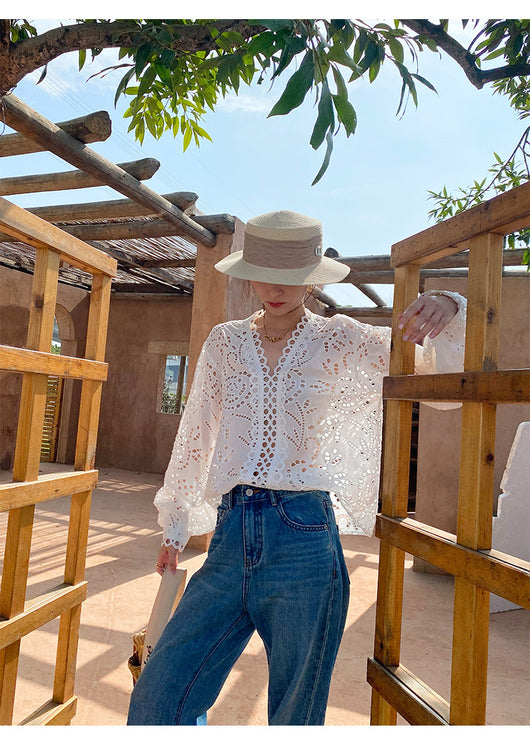 Blusa Blanca de Algodón con Bordado Diseño Elegante Manga Larga para Mujer - Image 21