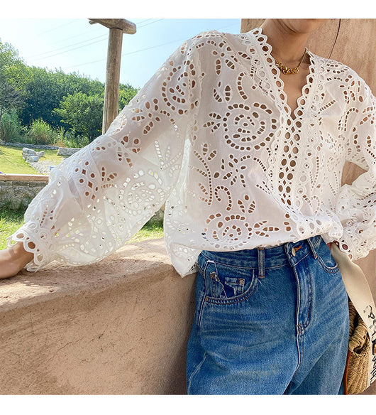 Blusa Blanca de Algodón con Bordado Diseño Elegante Manga Larga para Mujer - Image 23