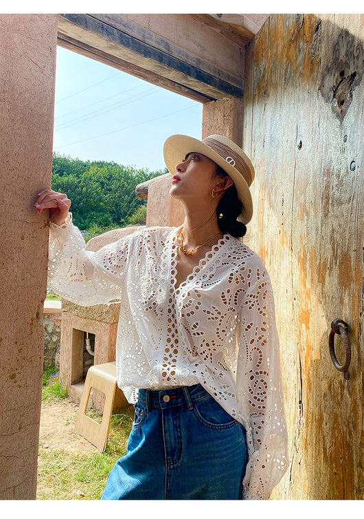 Blusa Blanca de Algodón con Bordado Diseño Elegante Manga Larga para Mujer - Image 26