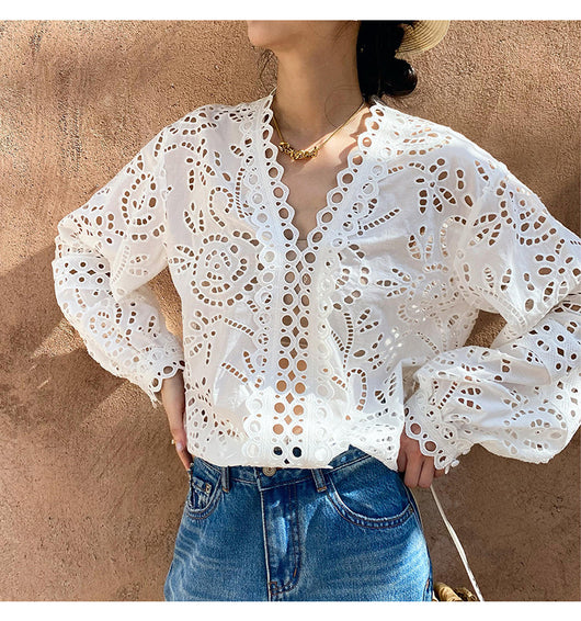 Blusa Blanca de Algodón con Bordado Diseño Elegante Manga Larga para Mujer - Image 30