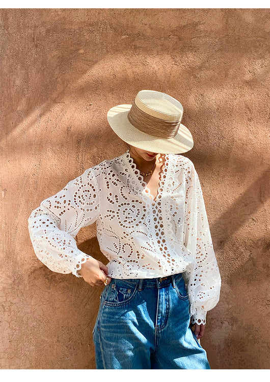 Blusa Blanca de Algodón con Bordado Diseño Elegante Manga Larga para Mujer - Image 32
