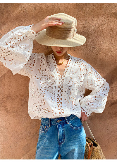 Blusa Blanca de Algodón con Bordado Diseño Elegante Manga Larga para Mujer - Image 33