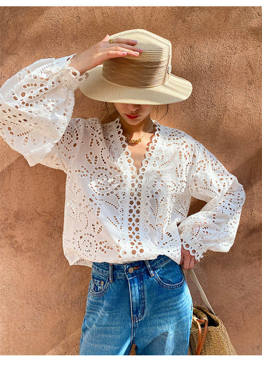 Blusa Blanca de Algodón con Bordado Diseño Elegante Manga Larga para Mujer - Image 33
