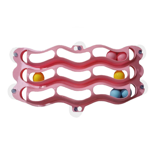 Light blue wavy cat track toy with three levels, colorful balls, and suction cups for window attachment. - Image 12