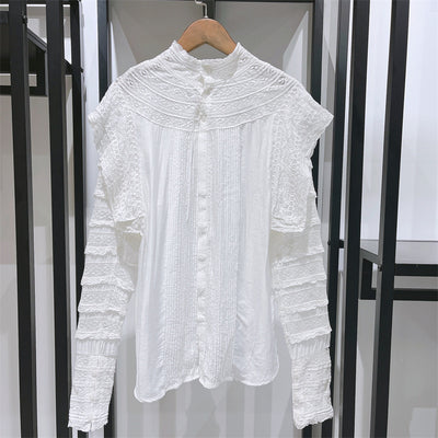 Blusa Elegante con Cuello de Pie, Encaje y Volantes Reversible - Image 10
