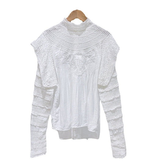 Blusa Elegante con Cuello de Pie, Encaje y Volantes Reversible - Image 11