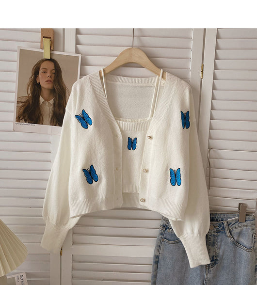 Chaleco de Punto con Bordado de Mariposa y Cardigan Manga Larga - Conjunto de Dos Piezas - Image 10