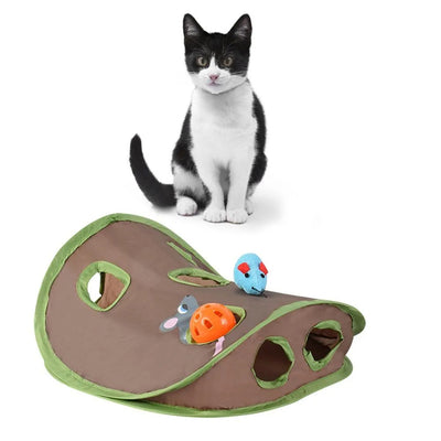 Grey tabby kitten playing with a brown and green hide-and-seek cat toy with multiple holes and a mouse graphic. - Image 9