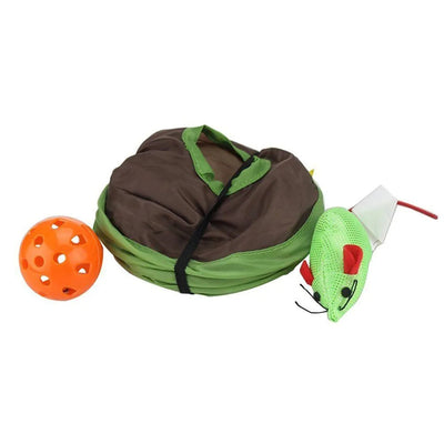 Grey tabby kitten playing with a brown and green hide-and-seek cat toy with multiple holes and a mouse graphic. - Image 11
