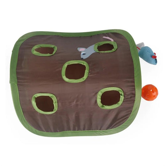 Grey tabby kitten playing with a brown and green hide-and-seek cat toy with multiple holes and a mouse graphic. - Image 13