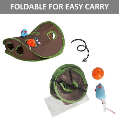 Grey tabby kitten playing with a brown and green hide-and-seek cat toy with multiple holes and a mouse graphic. - Image 14