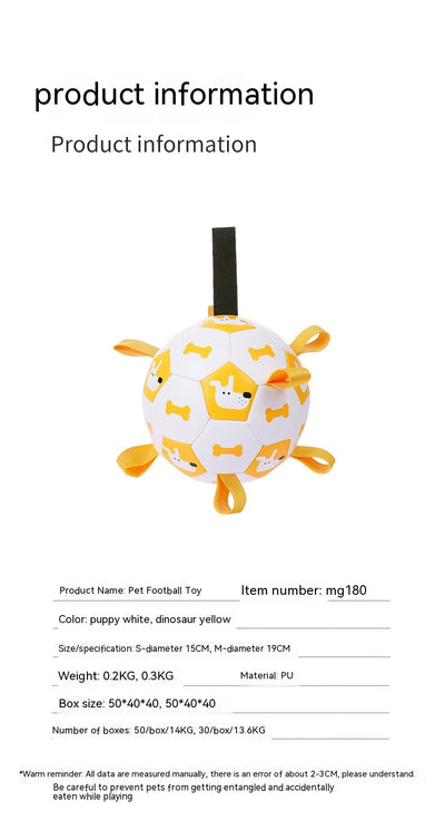Orange and purple pet football toy with cartoon dinosaur-like characters and 'P' letters, featuring fabric loops and a strap. - Image 15