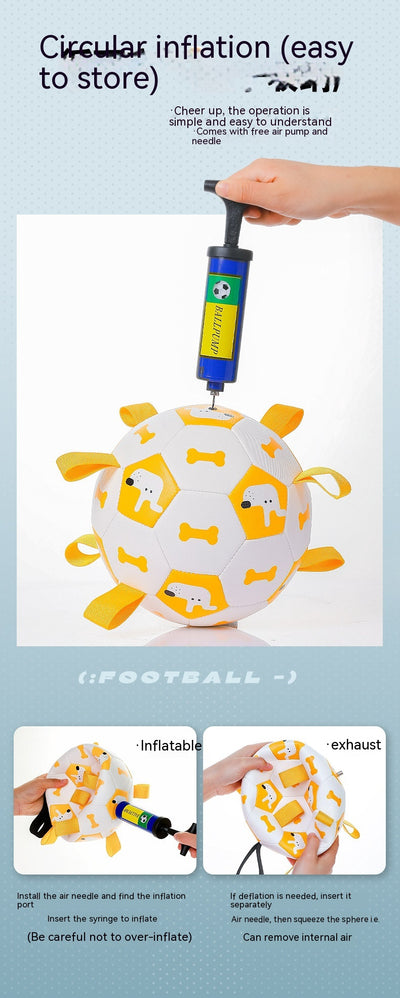 Orange and purple pet football toy with cartoon dinosaur-like characters and 'P' letters, featuring fabric loops and a strap. - Image 17