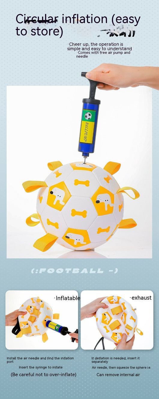 Orange and purple pet football toy with cartoon dinosaur-like characters and 'P' letters, featuring fabric loops and a strap. - Image 17