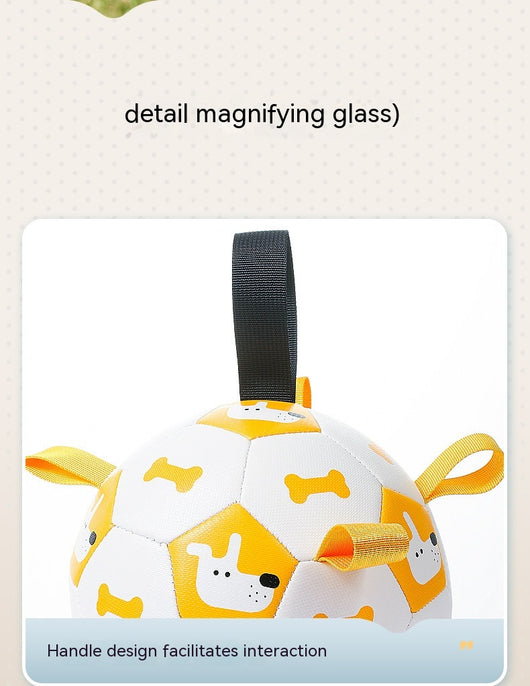 Orange and purple pet football toy with cartoon dinosaur-like characters and 'P' letters, featuring fabric loops and a strap. - Image 19