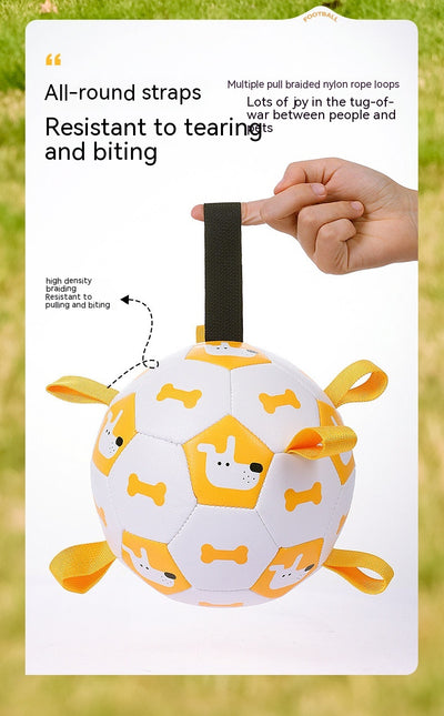 Orange and purple pet football toy with cartoon dinosaur-like characters and 'P' letters, featuring fabric loops and a strap. - Image 20