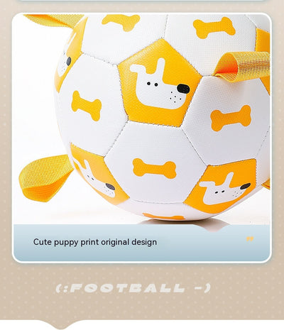 Orange and purple pet football toy with cartoon dinosaur-like characters and 'P' letters, featuring fabric loops and a strap. - Image 23