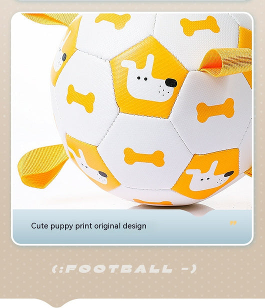 Orange and purple pet football toy with cartoon dinosaur-like characters and 'P' letters, featuring fabric loops and a strap. - Image 23