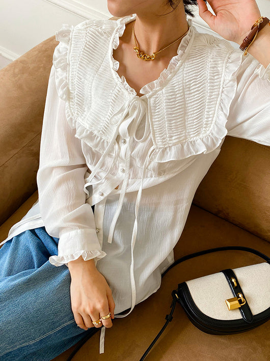 Blusa Tencel Coreana Mujer Primavera Blanco Francés Diseño Elegante - Image 14