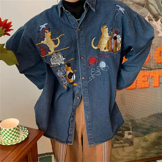 Chamarra Vaquera Retro con Bordado de Gato para Mujer - Image 12