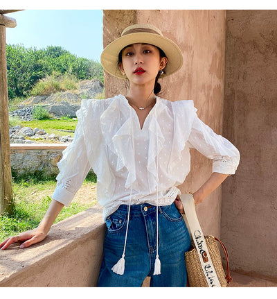 Blusa Blanca Francesa con Mangas Abullonadas - Image 11