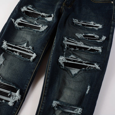 Jeans Azules Rotos con Parches de Cuero - Estilo Urbano de Alta Moda - Image 9