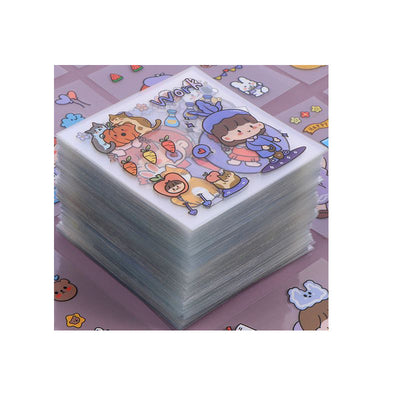 Stack of clear PET journal stickers with cartoon designs, including a character in a purple bunny suit, lemons, and desserts. - Image 16
