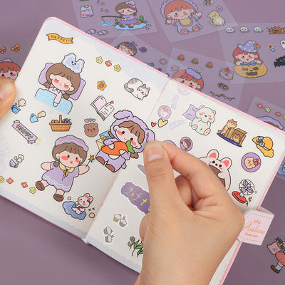 Stack of clear PET journal stickers with cartoon designs, including a character in a purple bunny suit, lemons, and desserts. - Image 17