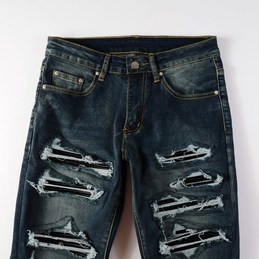 Jeans Azules Rotos con Parches de Cuero - Estilo Urbano de Alta Moda - Image 14