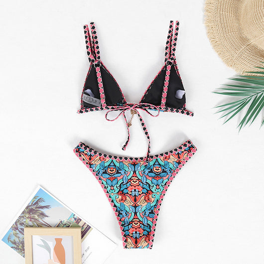 Retro 4-color printed women's bikini with red, blue, and white paisley pattern, featuring a triangle top and high-cut bottom. - Image 44