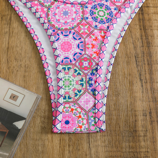 Retro 4-color printed women's bikini with red, blue, and white paisley pattern, featuring a triangle top and high-cut bottom. - Image 53