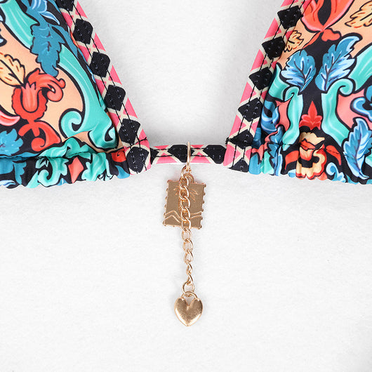 Retro 4-color printed women's bikini with red, blue, and white paisley pattern, featuring a triangle top and high-cut bottom. - Image 56