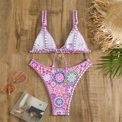 Retro 4-color printed women's bikini with red, blue, and white paisley pattern, featuring a triangle top and high-cut bottom. - Image 57