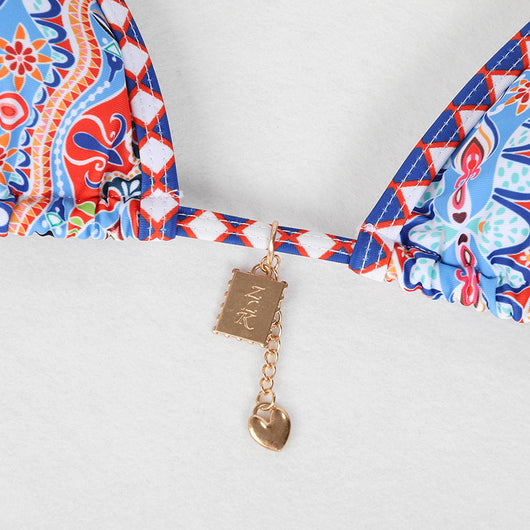 Retro 4-color printed women's bikini with red, blue, and white paisley pattern, featuring a triangle top and high-cut bottom. - Image 59