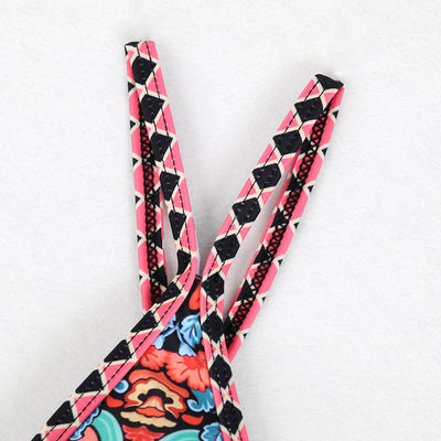 Retro 4-color printed women's bikini with red, blue, and white paisley pattern, featuring a triangle top and high-cut bottom. - Image 61