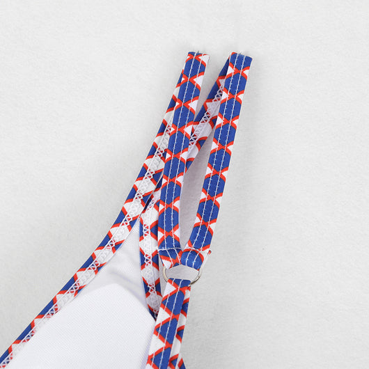 Retro 4-color printed women's bikini with red, blue, and white paisley pattern, featuring a triangle top and high-cut bottom. - Image 62