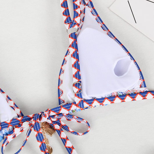 Retro 4-color printed women's bikini with red, blue, and white paisley pattern, featuring a triangle top and high-cut bottom. - Image 63