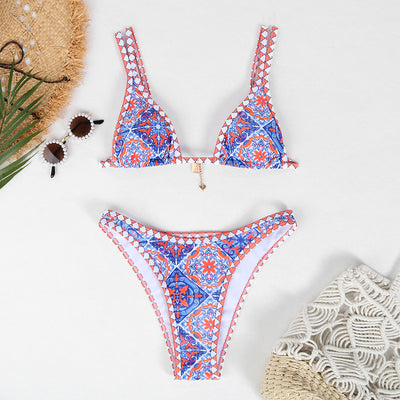 Retro 4-color printed women's bikini with red, blue, and white paisley pattern, featuring a triangle top and high-cut bottom. - Image 65