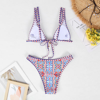 Retro 4-color printed women's bikini with red, blue, and white paisley pattern, featuring a triangle top and high-cut bottom. - Image 66