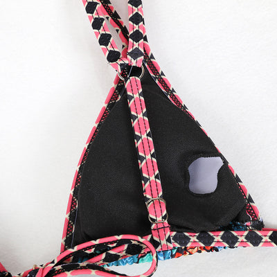 Retro 4-color printed women's bikini with red, blue, and white paisley pattern, featuring a triangle top and high-cut bottom. - Image 67